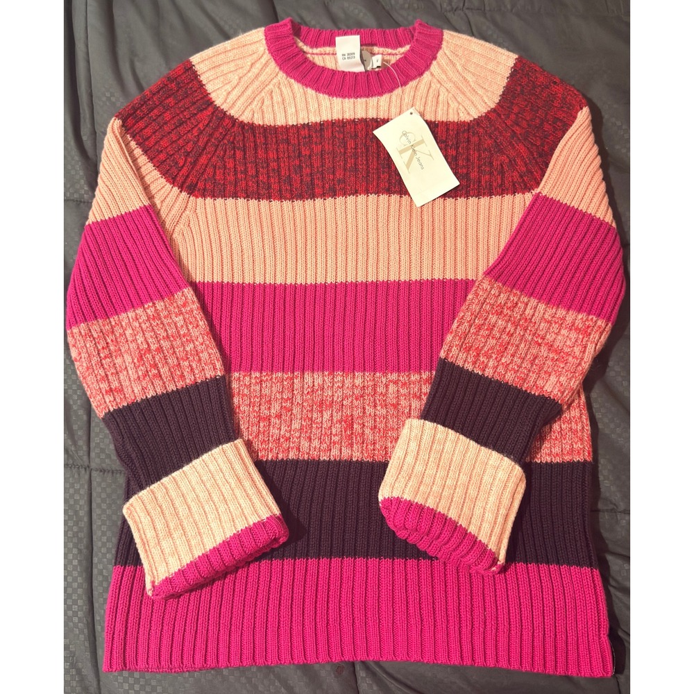 NWT Calvin Klein Jeans‎ Striped Knit Sweater Pink Cream Burgundy Womens M